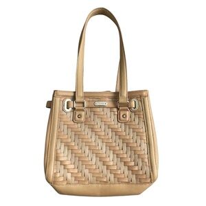 Longaberger Basket Woven Leather Shoulder Bag Stairstep Weave Caramel